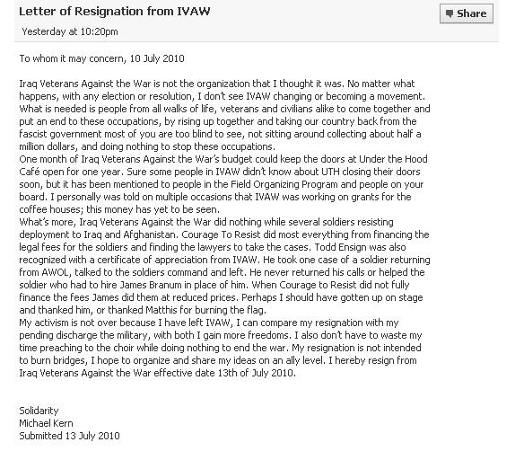 Another resignation at IVAW